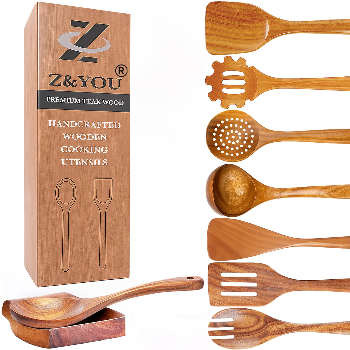 Z&YOU teak utensil set for daily cooking with durable non-toxic wood