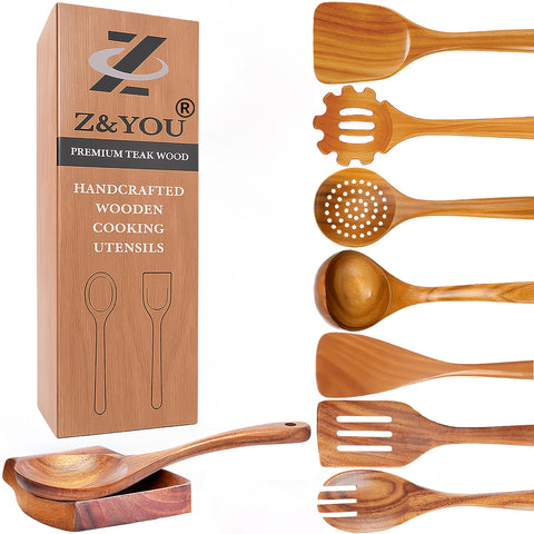 Z&YOU teak utensil set for daily cooking with durable non-toxic wood