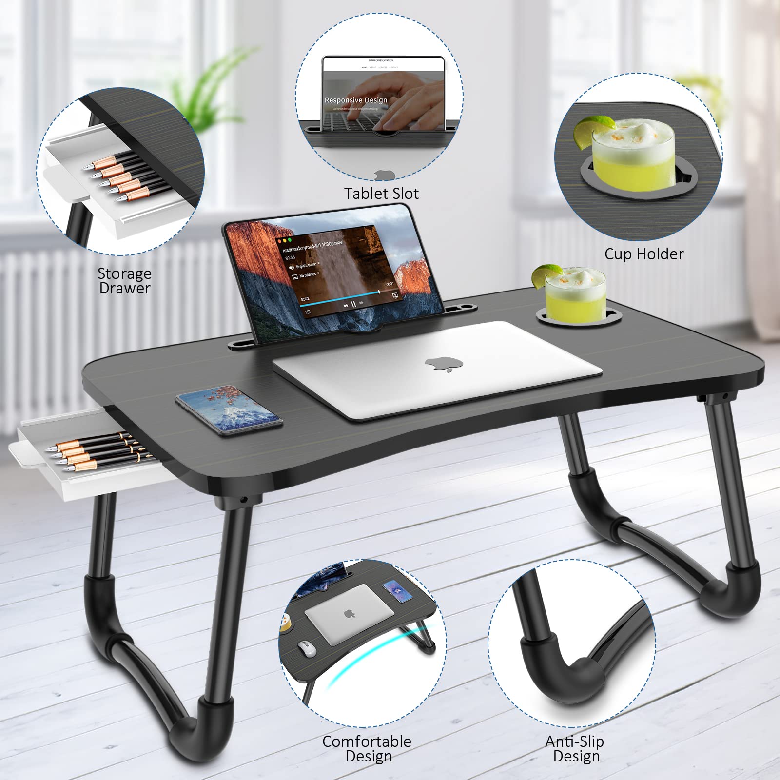 Zapuno Arc Foldable Laptop Bed Table side view shows stable W-legs
