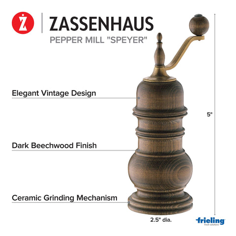 Zassenhaus Speyer crank-handle close-up showing ergonomic design for easy grinding