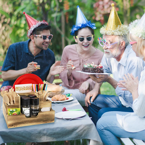 ZAVOOS charcoal-burned wood texture adds rustic decor flair to any table.
