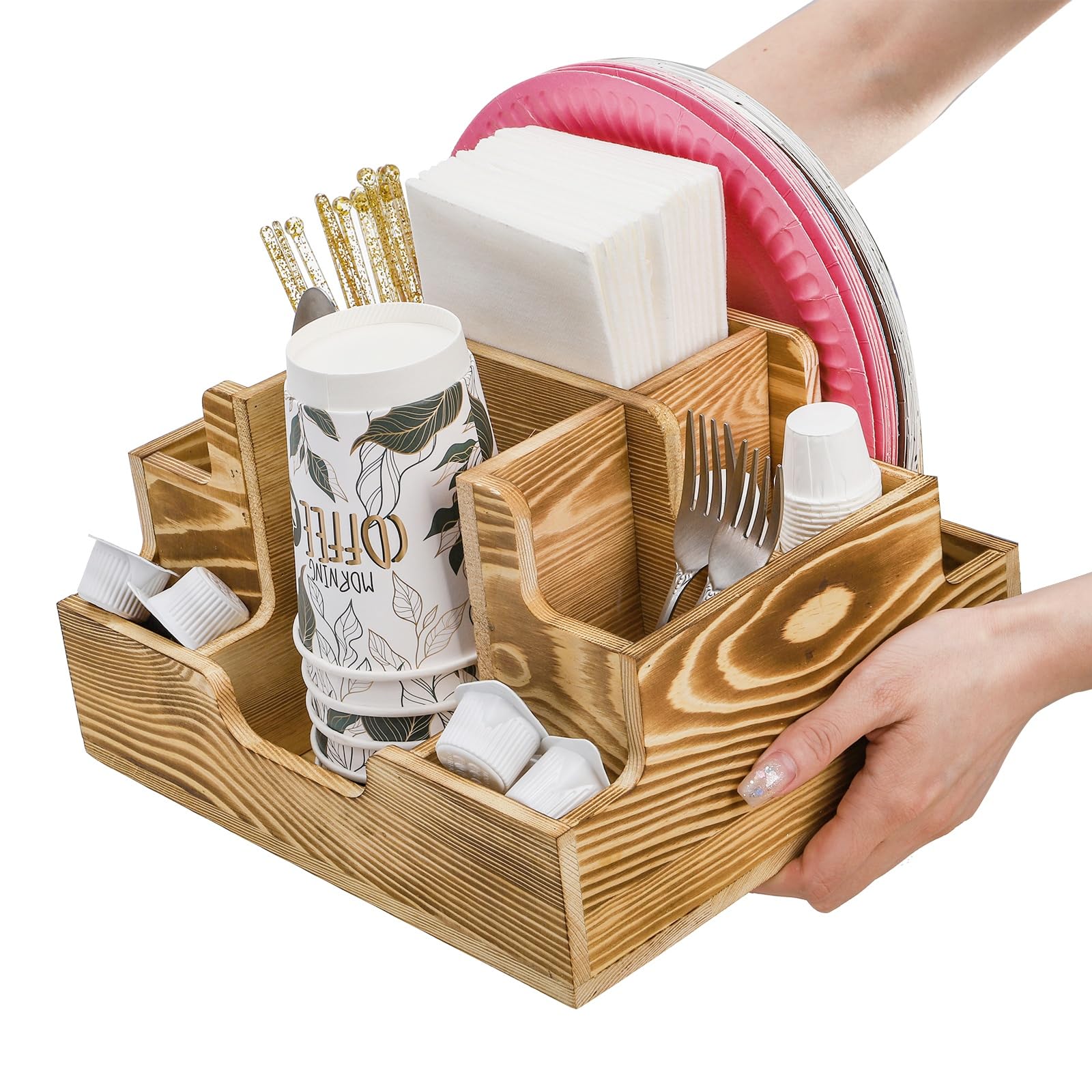 ZAVOOS cups and napkins holder keeps counters organized during gatherings.