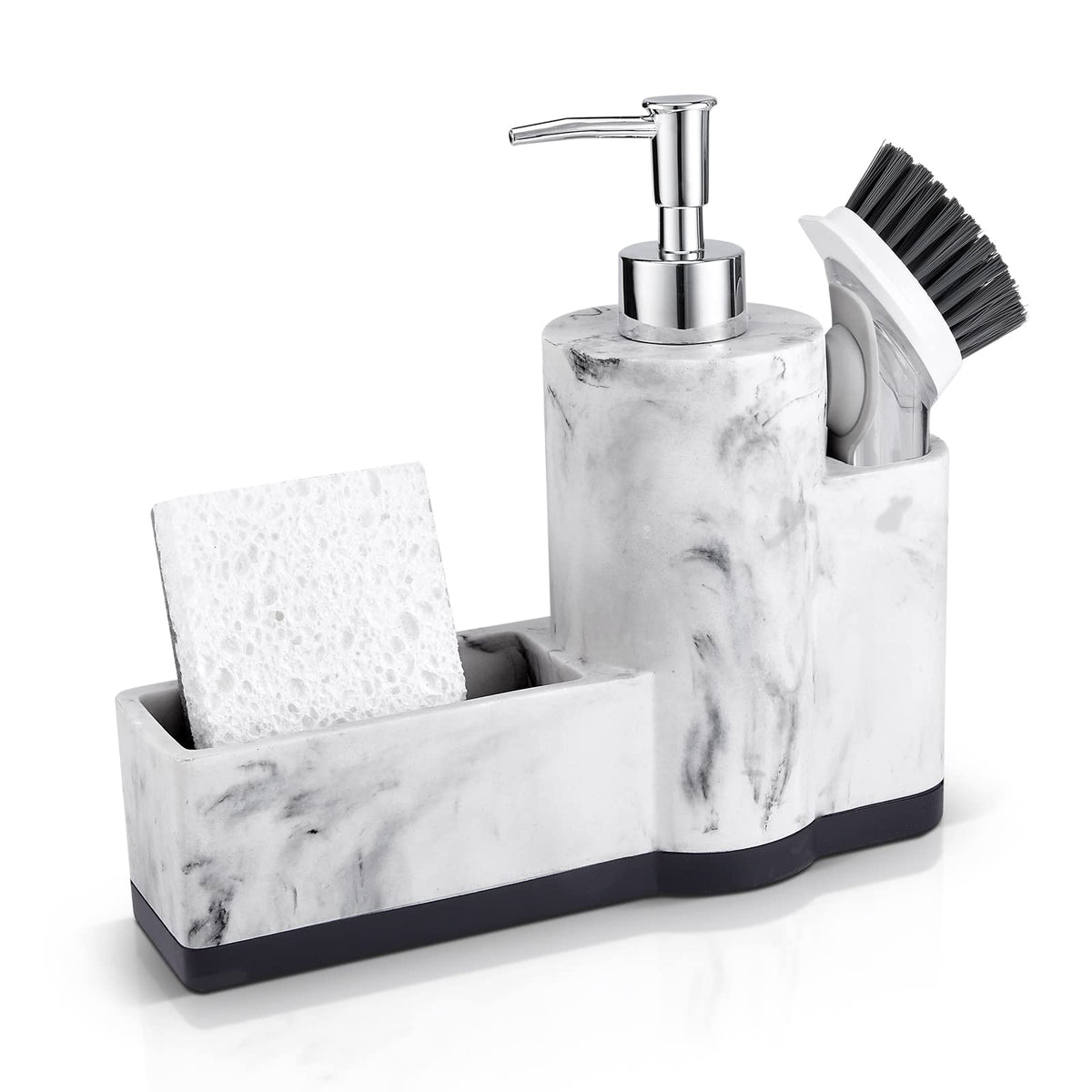 ZCCZ marble-pattern dish soap dispenser with integrated sponge holder for neat kitchen counters.