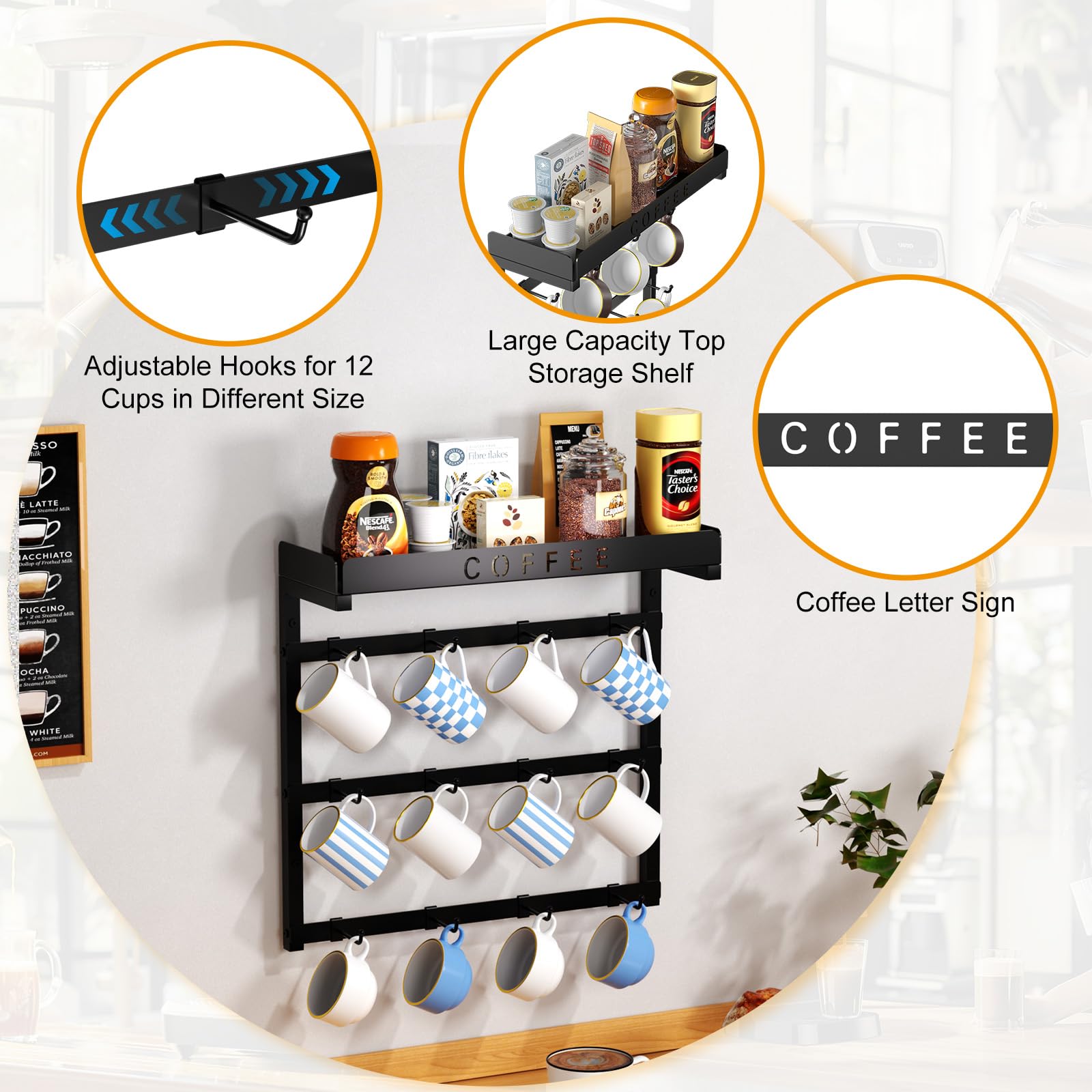 Three-tier mug rack maximizes storage and saves counter space