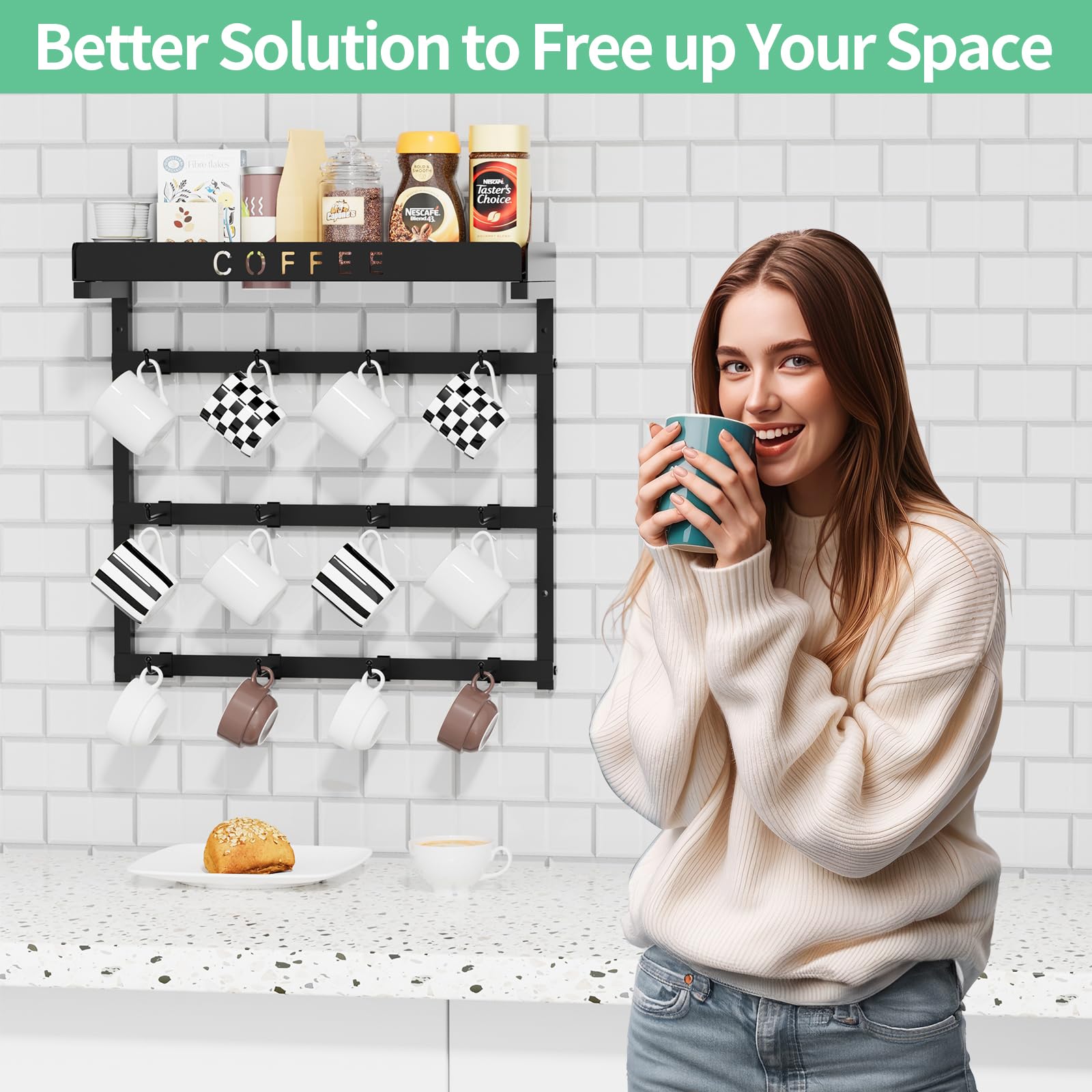 Movable hooks prevent mug collisions and provide flexible spacing