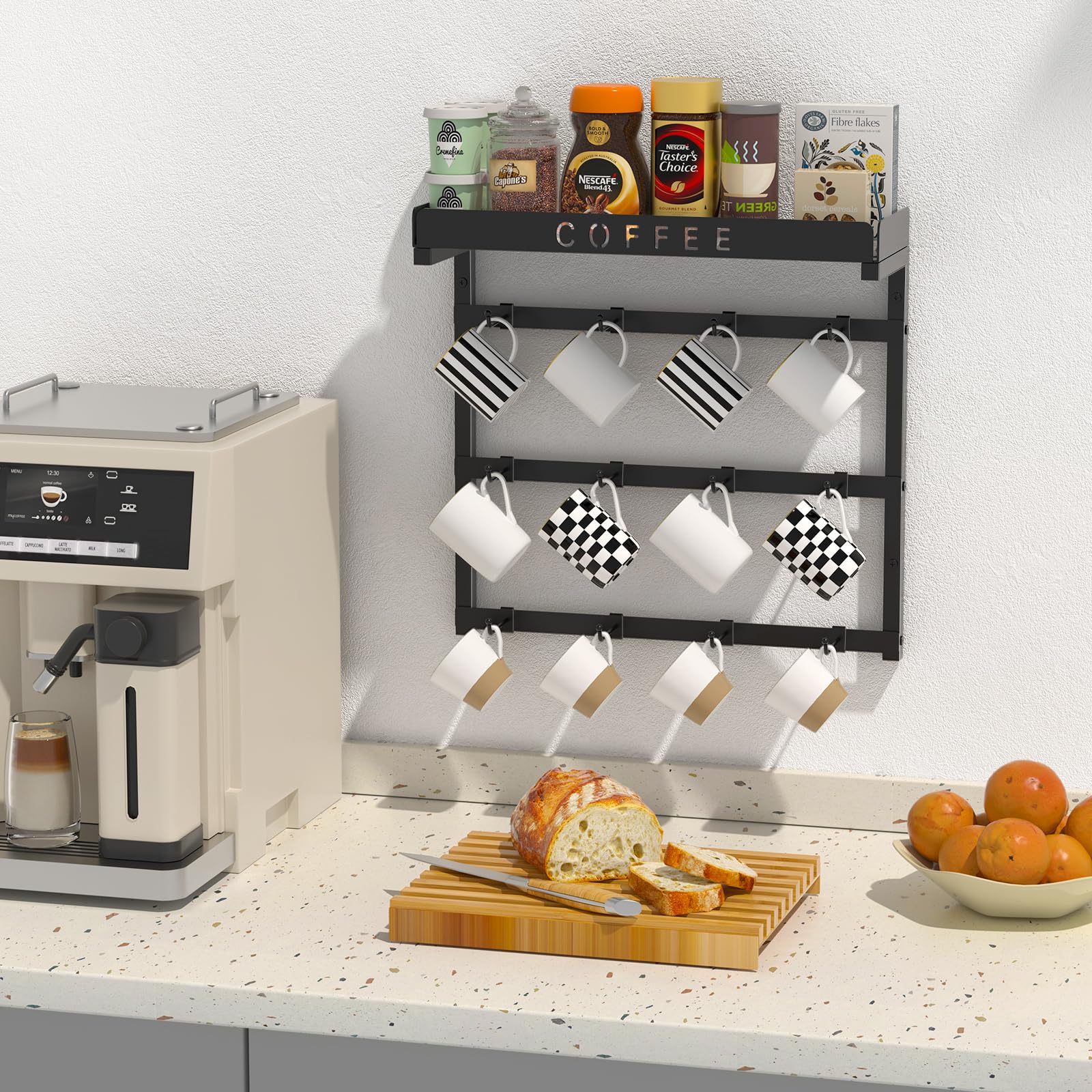 Space-saving wall mount keeps kitchen tidy and accessible
