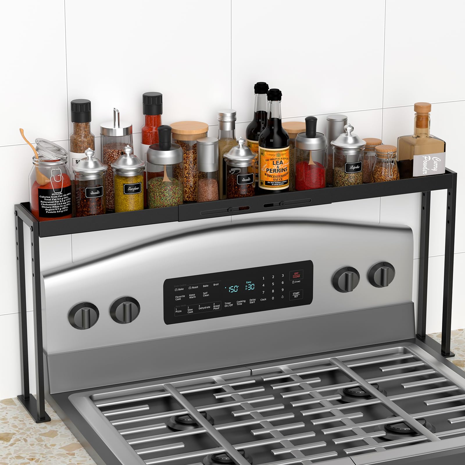 ZDDLOINP spice rack shelf on stove top, easy assembly for organized spices.