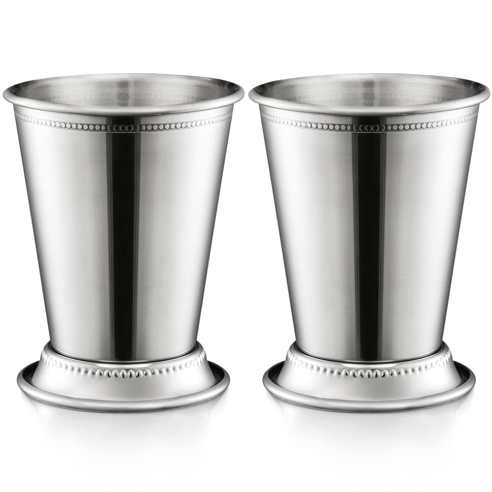 ZEAYEA mint julep cups in stainless steel with bead trim for elegant serving at home.