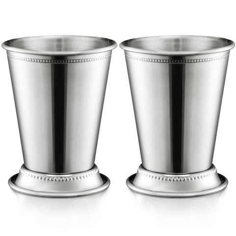 ZEAYEA mint julep cups in stainless steel with bead trim for elegant serving at home.