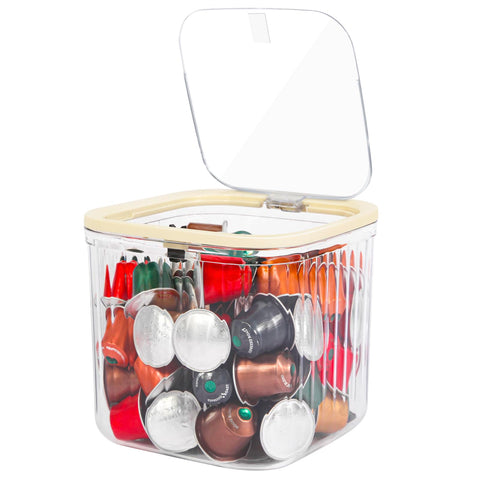 ZECENN clear coffee pod holder with lid on the counter, organized and accessible.