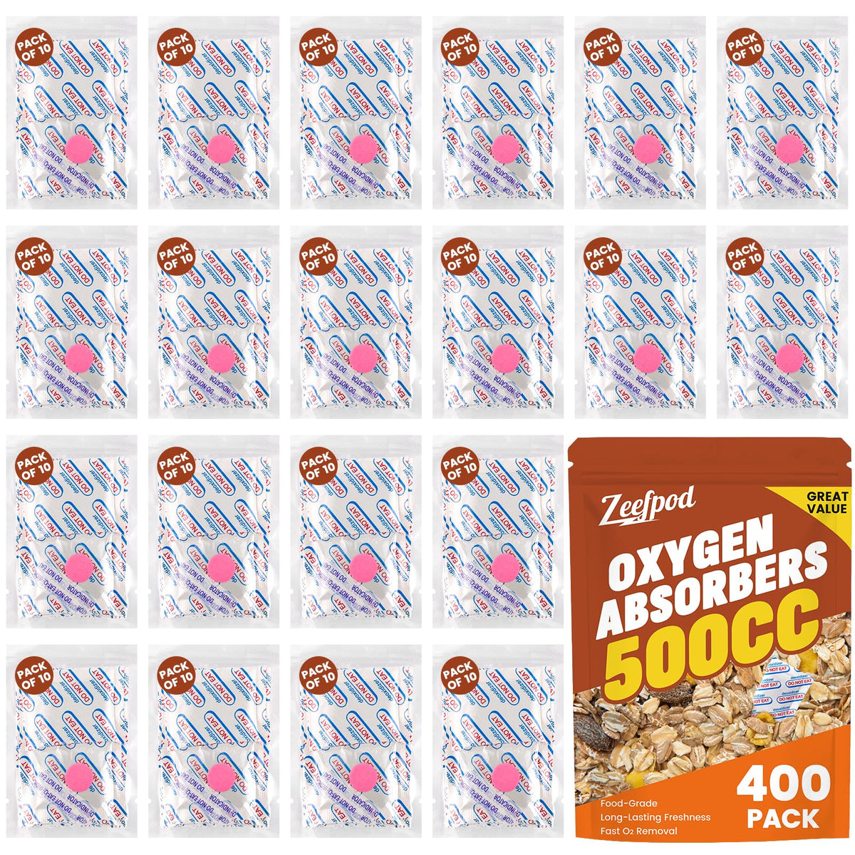 Zeefpod 500cc oxygen absorber protecting grains and powders