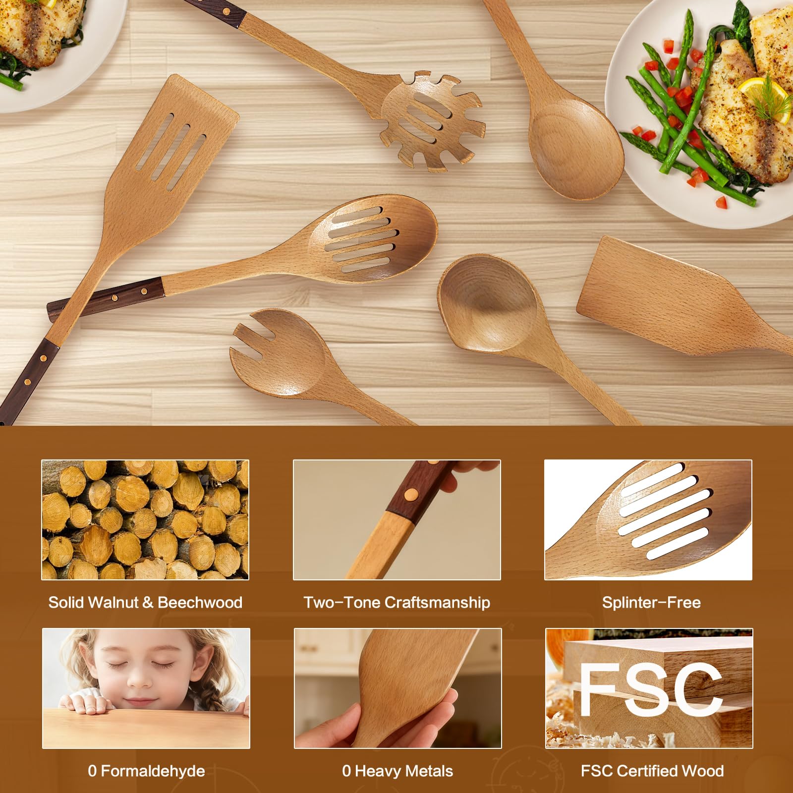 Zeikiwe wooden spoons set 7 – mixing spoon with smooth beechwood comfort.