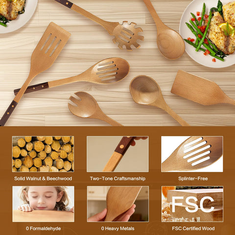 Zeikiwe wooden spoons set 7 – mixing spoon with smooth beechwood comfort.