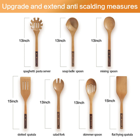 Zeikiwe wooden spoons set 7 – slotted spatula for draining liquids and lifting foods.