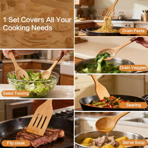 Zeikiwe wooden spoons set 7 – spaghetti pasta server for precise portion lifting.