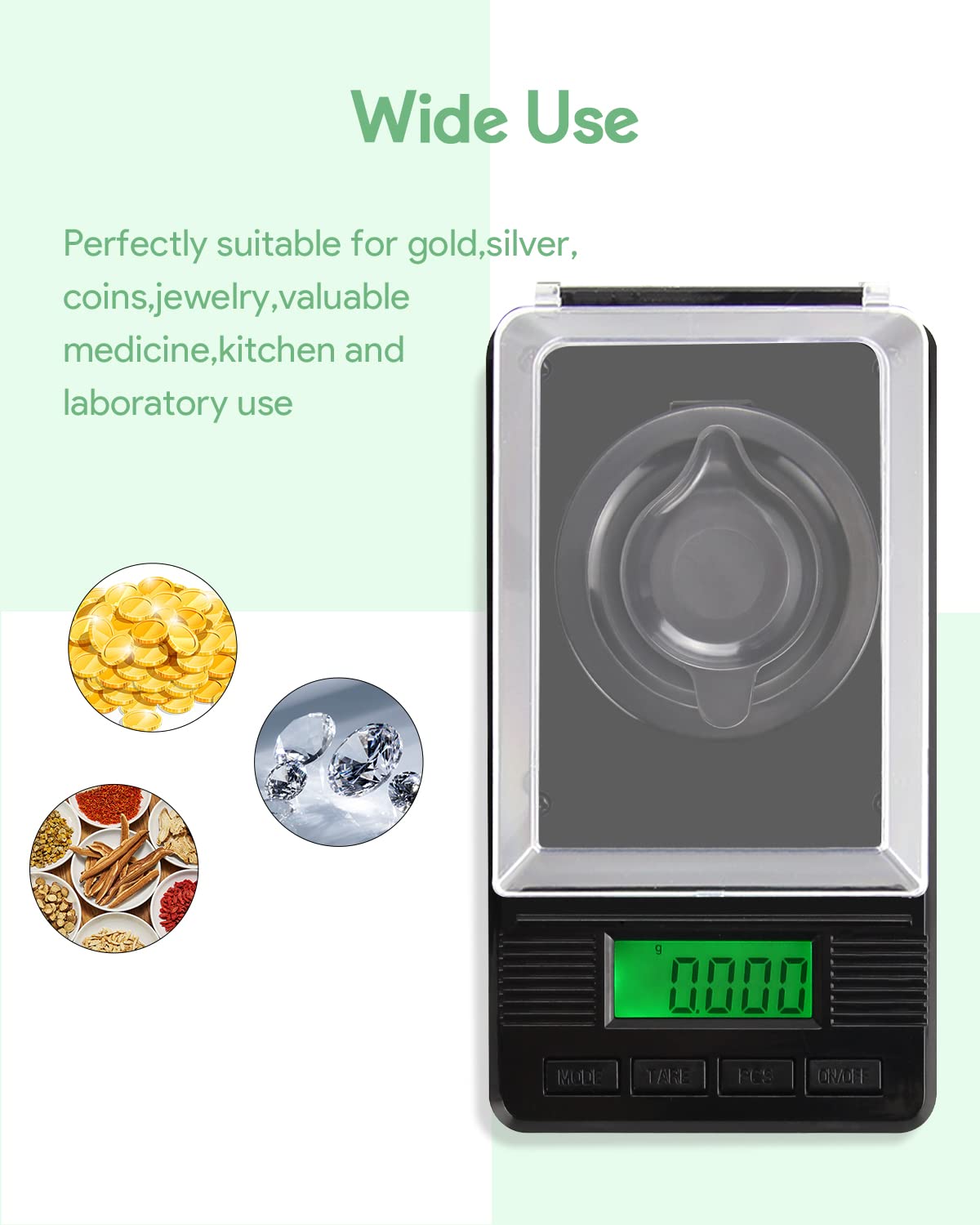 Compact milligram scale with pan ready for sample weighing.