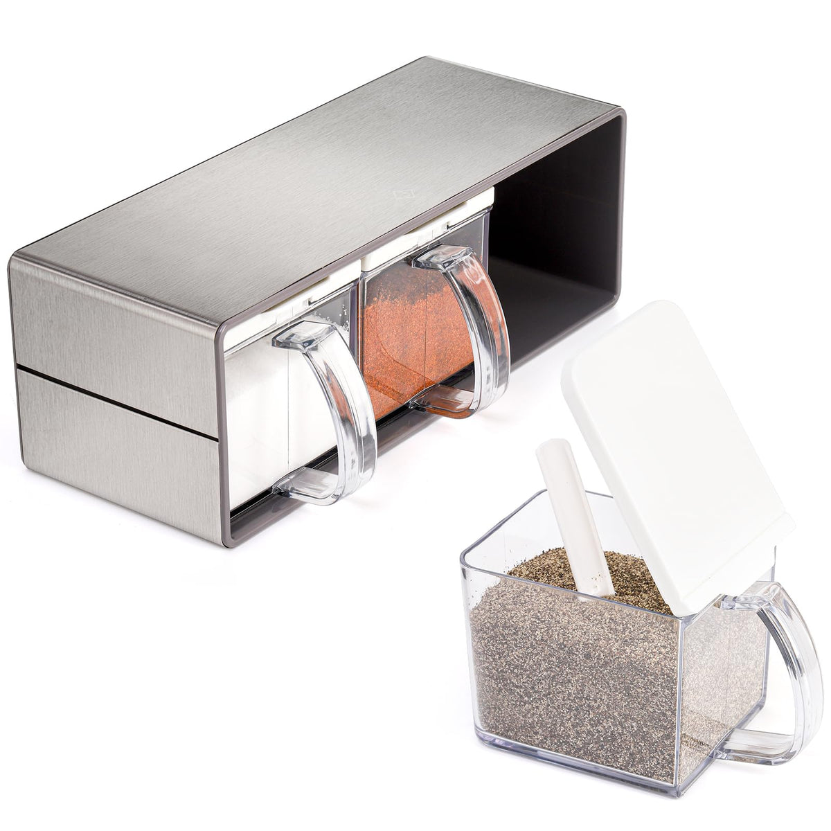 ZENFUN three-grid seasoning box rack with 600ml capacity keeps salt and spices organized.