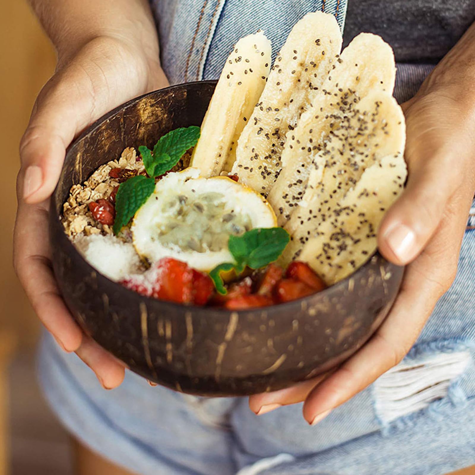 ZENFUN natural finish bowls ideal for salads and fruit with rustic charm.