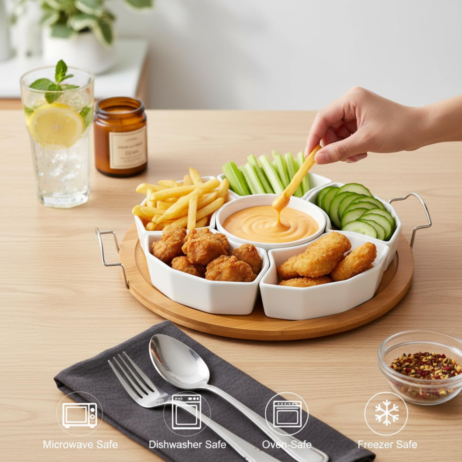 ZENFUN Party dining setup with multiple sections for appetizers