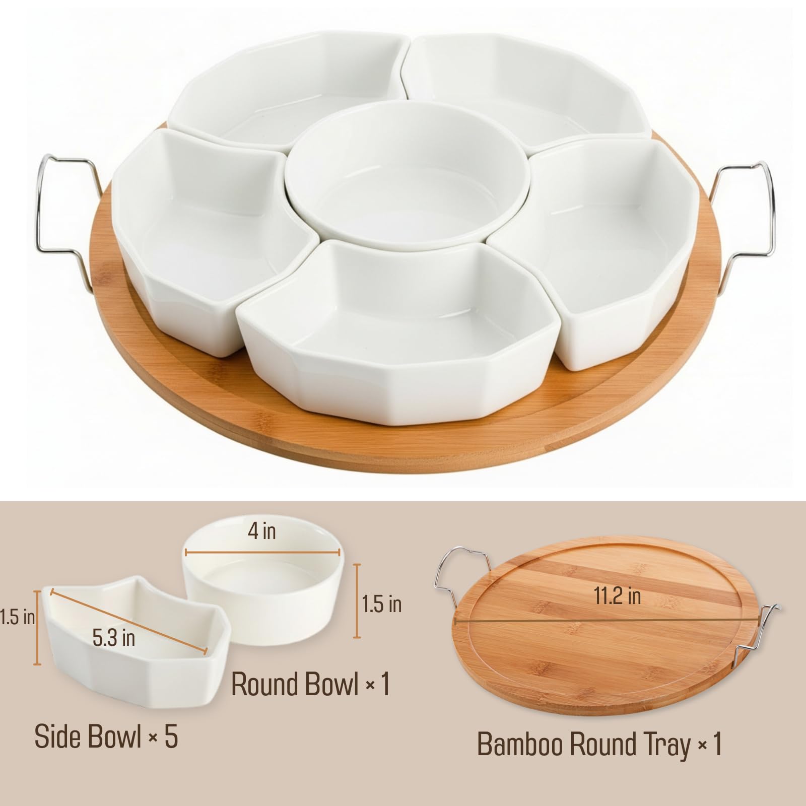 ZENFUN Round bamboo holder with divided ceramic dishes as a centerpiece