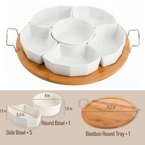 ZENFUN Round bamboo holder with divided ceramic dishes as a centerpiece