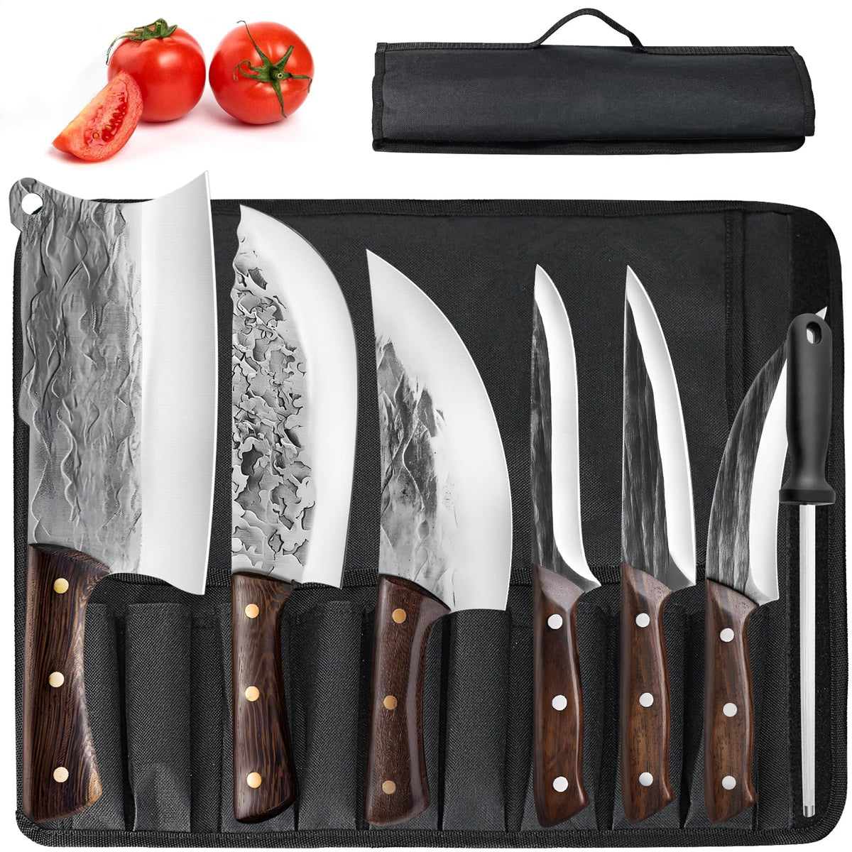 ZENG 7-piece butcher knife set with roll bag showing ergonomic walnut handles for precise meat prep