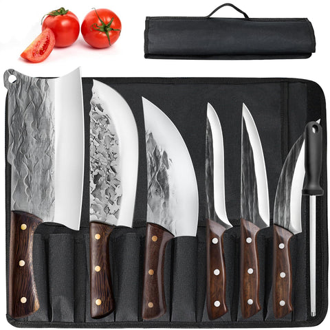 ZENG 7-piece butcher knife set with roll bag showing ergonomic walnut handles for precise meat prep