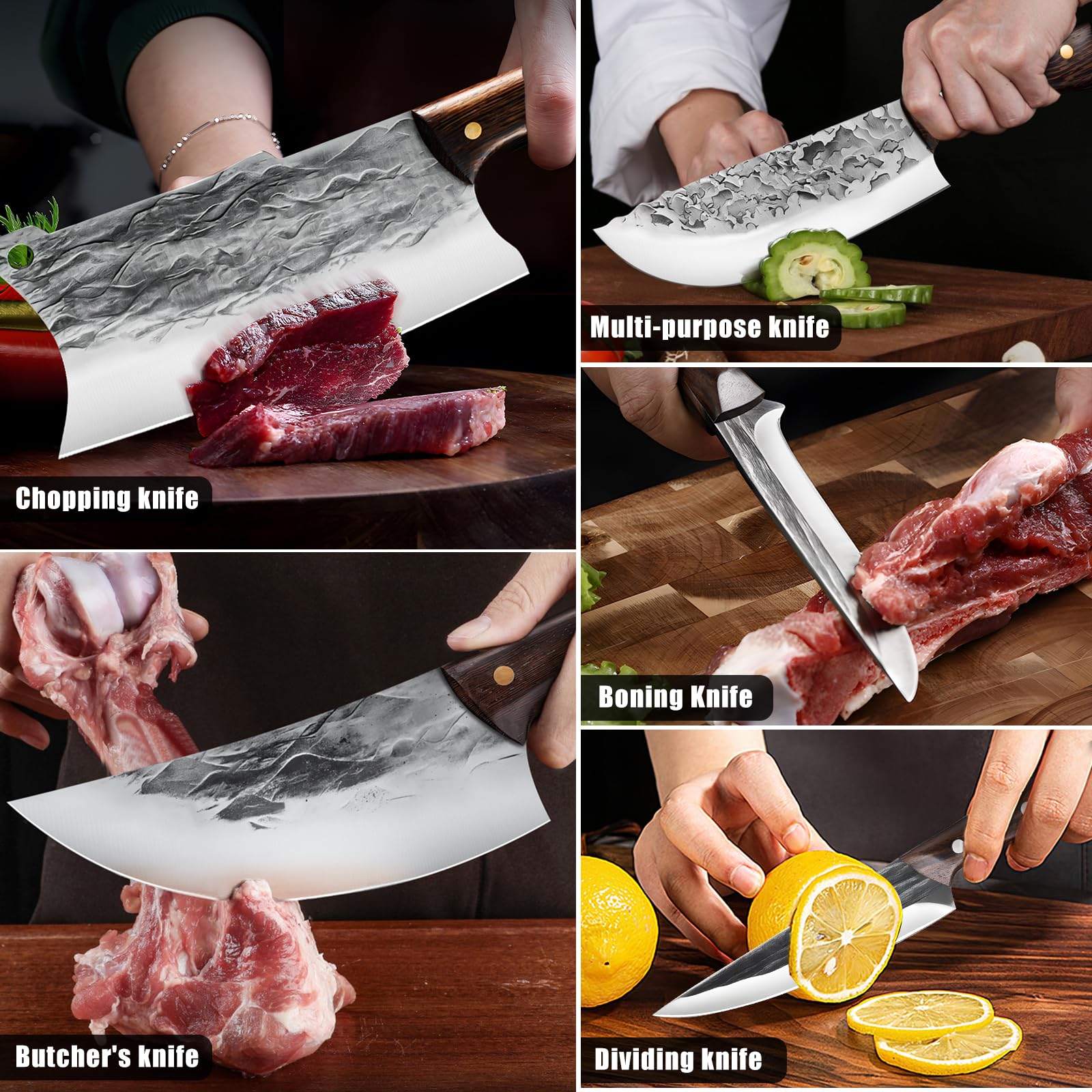 Boning knife from ZENG set in action near meat preparation