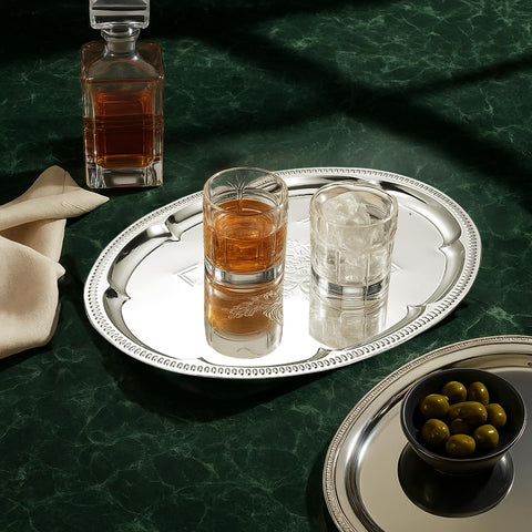 ZENOVLUX premium oval tray in a setting with a wine and fruit display