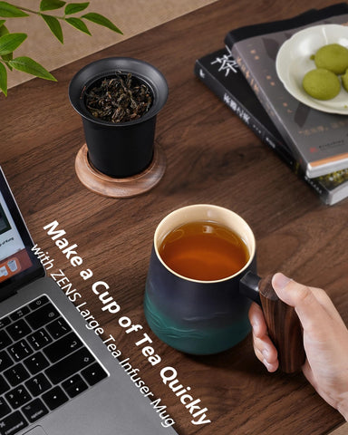 Dishwasher-safe infuser; hand wash mug to protect wood color.