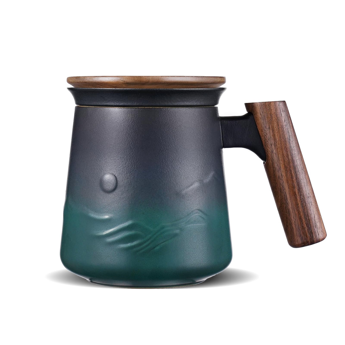 ZENS embossed ceramic tea mug with infuser and lid for elegant tea rituals.