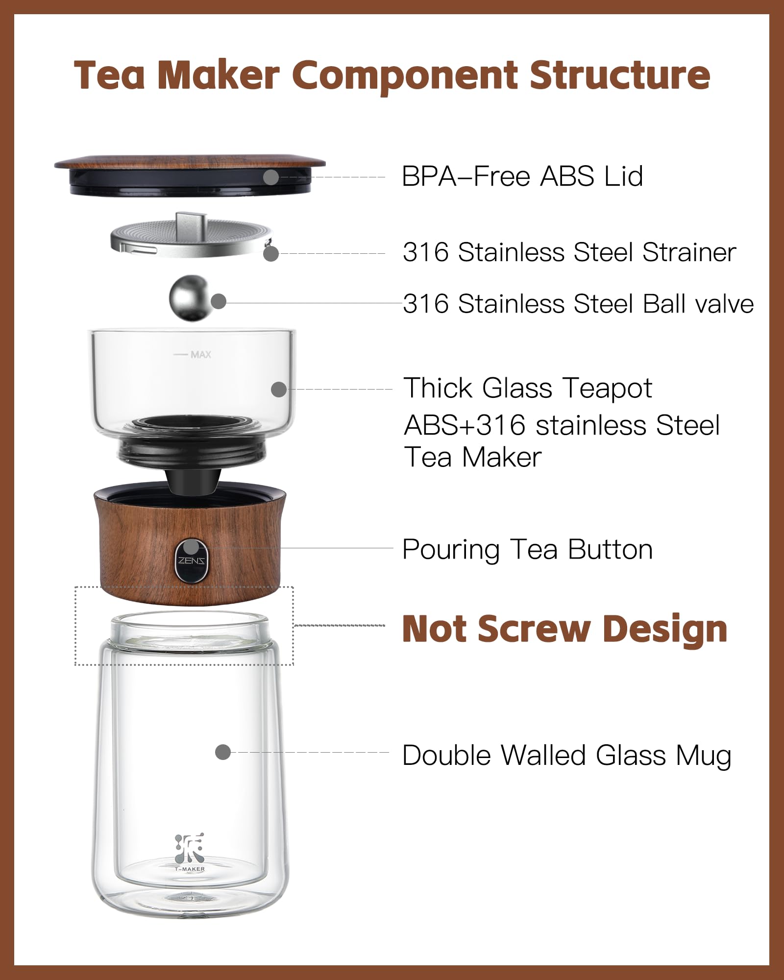 ZENS heat-resistant borosilicate glass for durable, pure tea experience.
