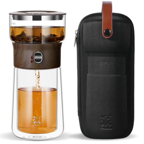 ZENS glass infuser teapot demonstrating one-touch brew for easy loose leaf tea