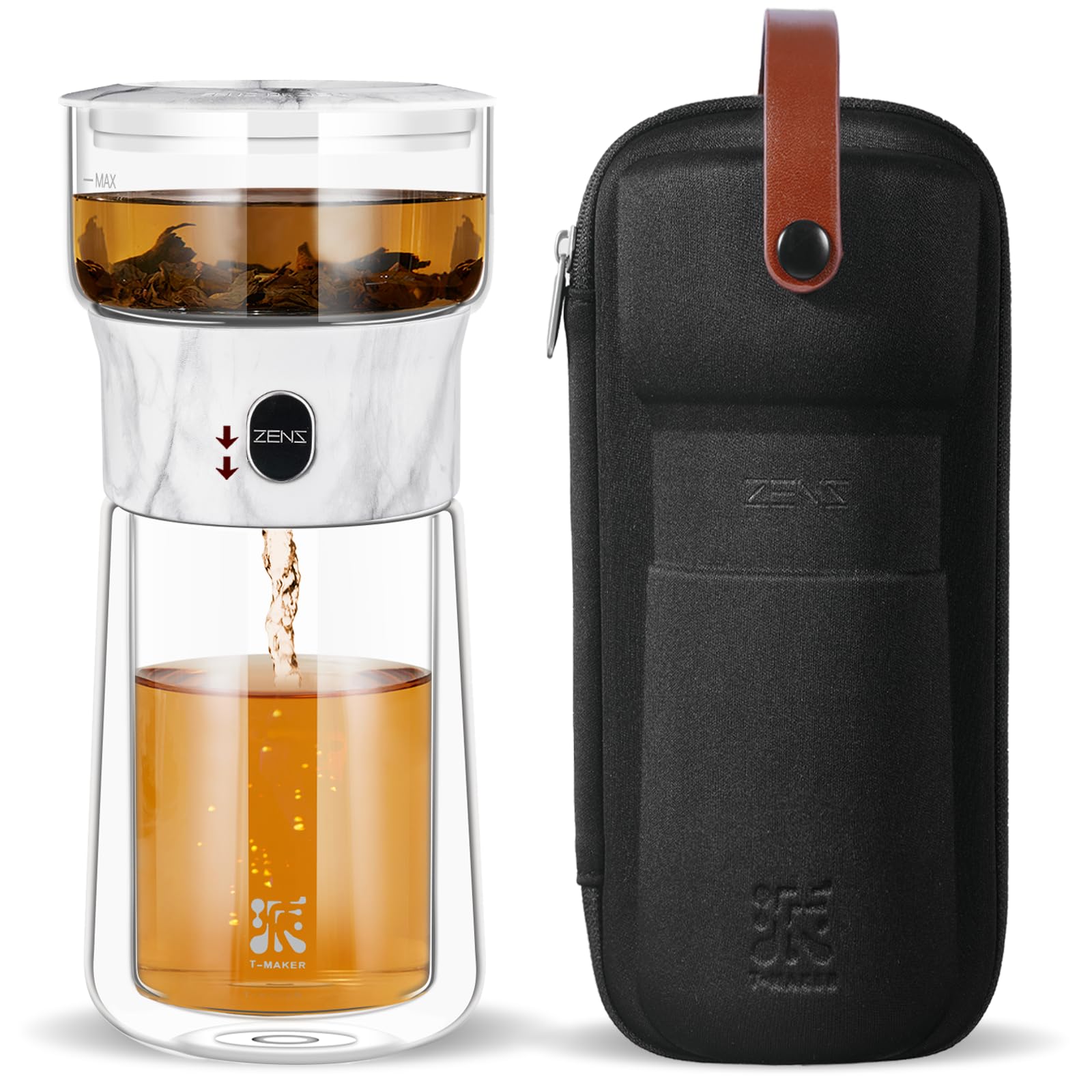 ZENS Modern One Touch Tea Maker glass teapot for effortless loose-leaf brewing at home.