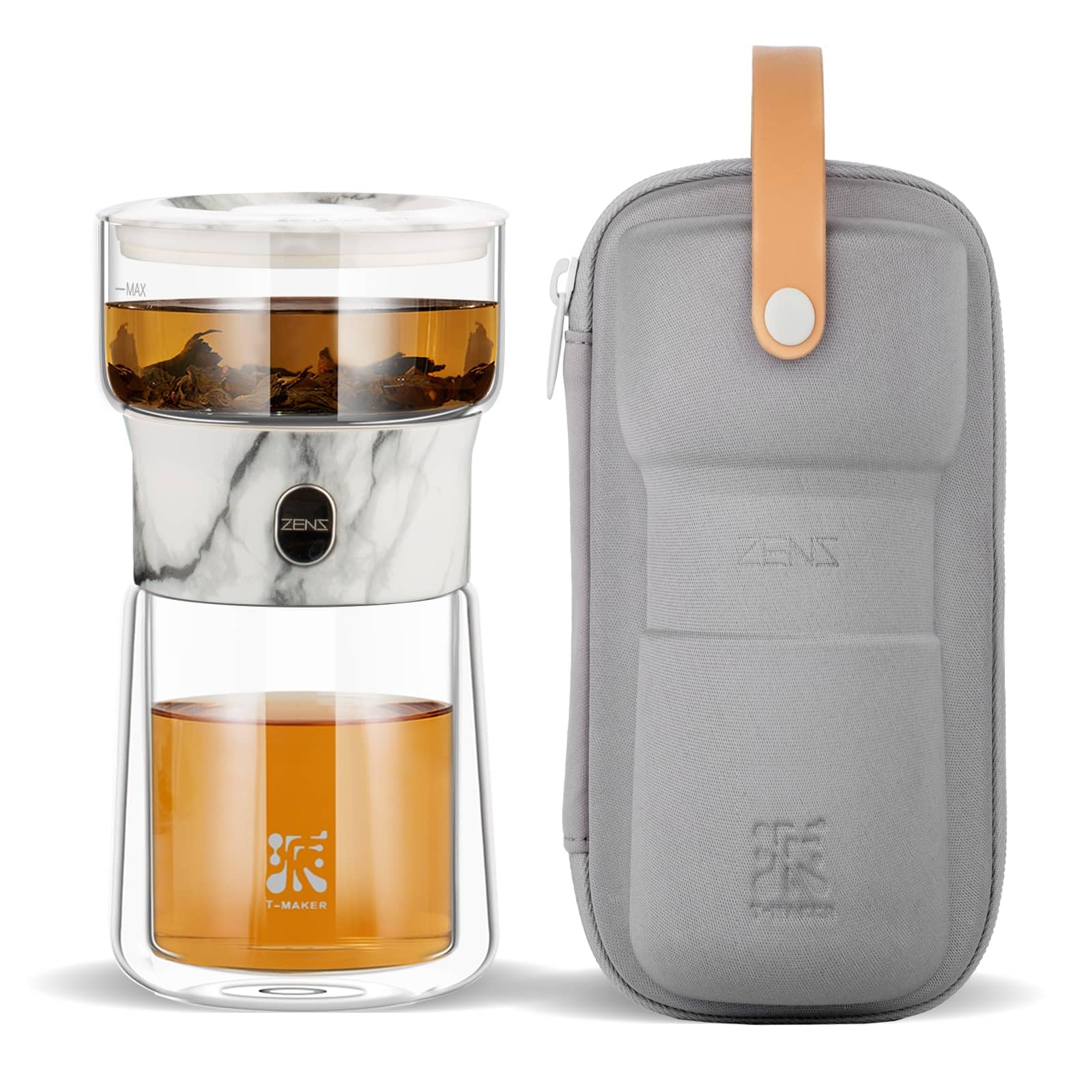ZENS modern small glass infuser teapot with one-touch brewing for effortless tea.
