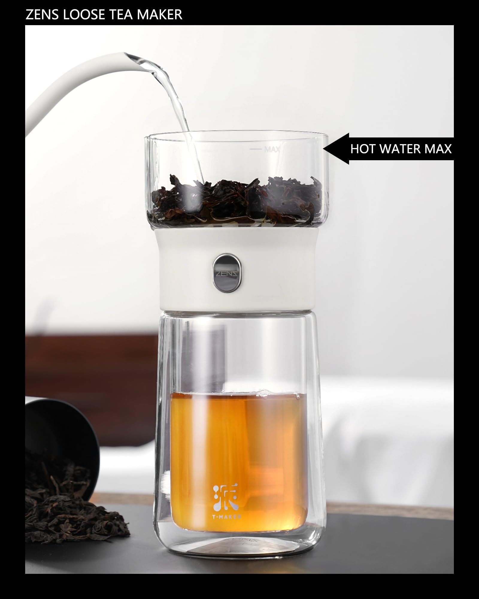 ZENS one touch pouring mechanism simplifies brewing and draining tea