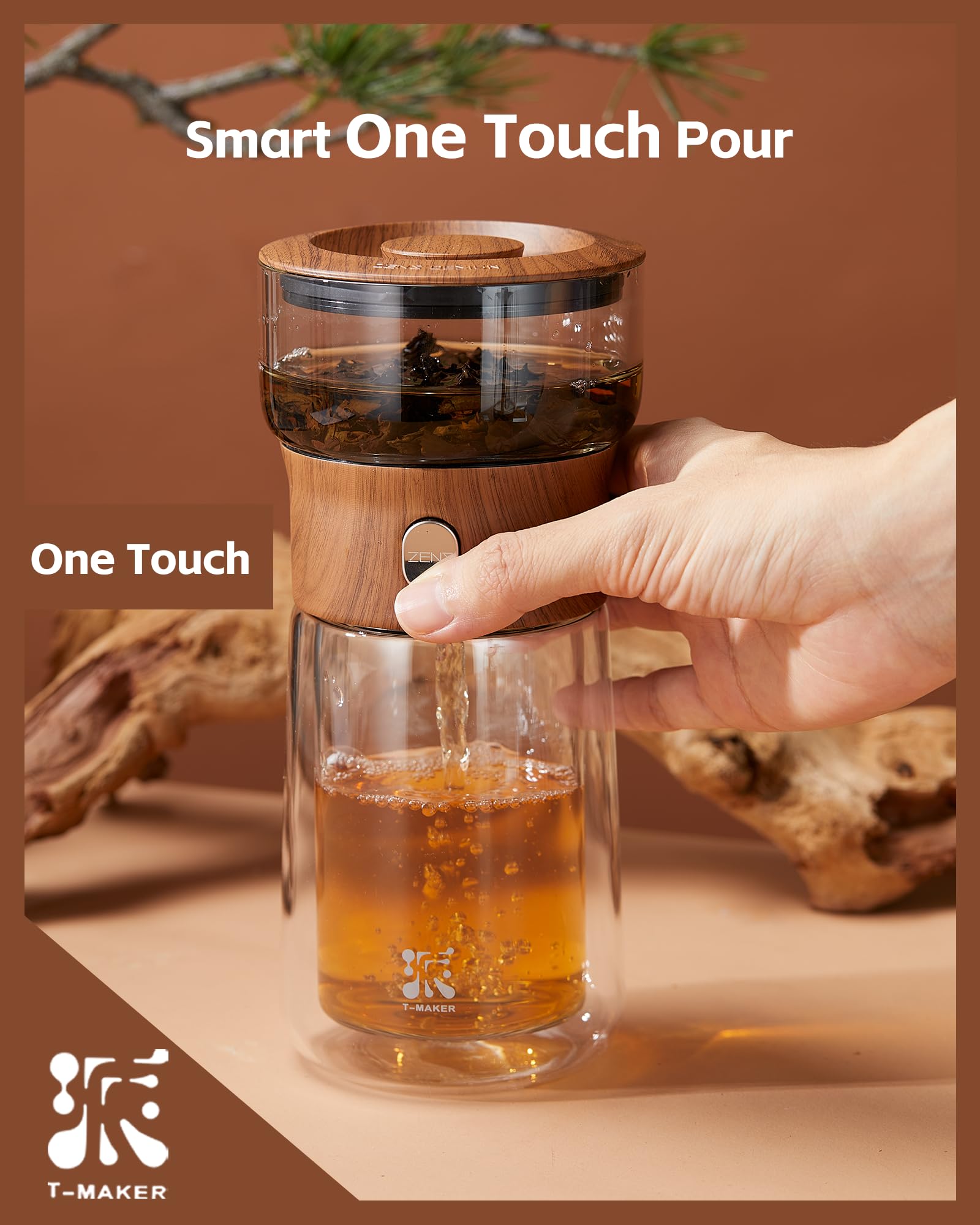 Close-up of ZENS One-Touch Tea Maker for quick, spill-free brewing.