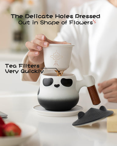 ZENS Panda tea cup coaster set on a tidy table beside tea.