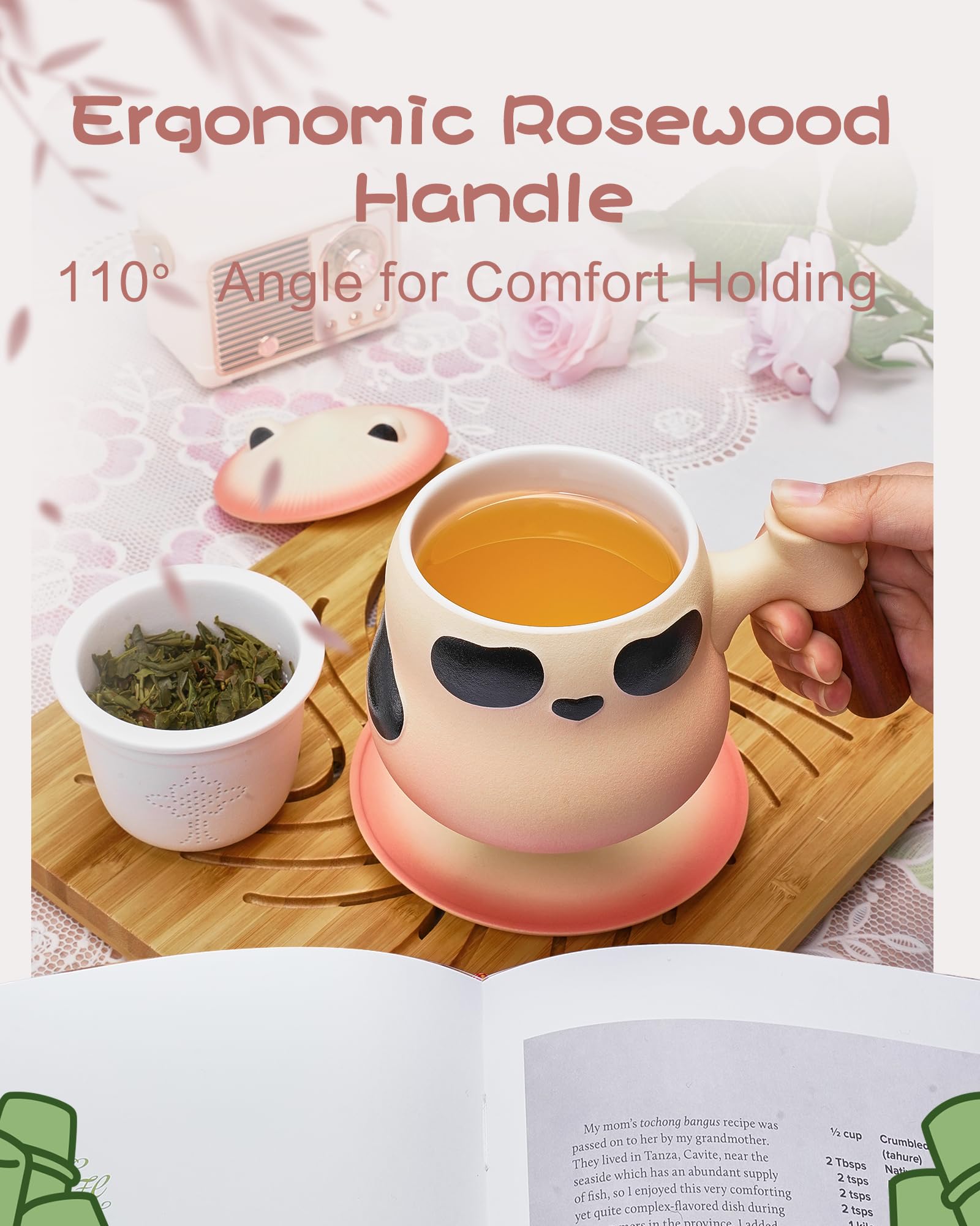 ZENS Panda Tea Mug wooden handle highlights comfortable grip during tea.