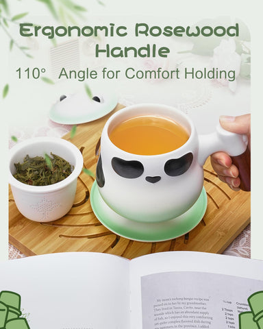 ZENS panda tea mug with wooden handle offers secure grip and heat insulation.