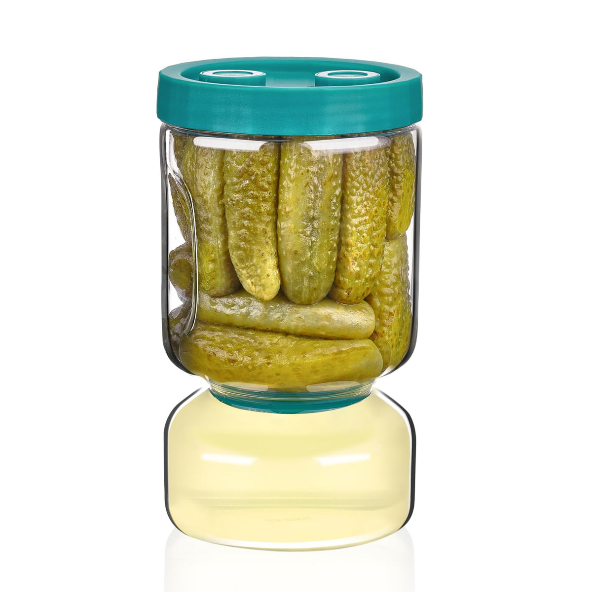 ZENS pickle jar with strainer flip in teal keeps juice away from pickles.