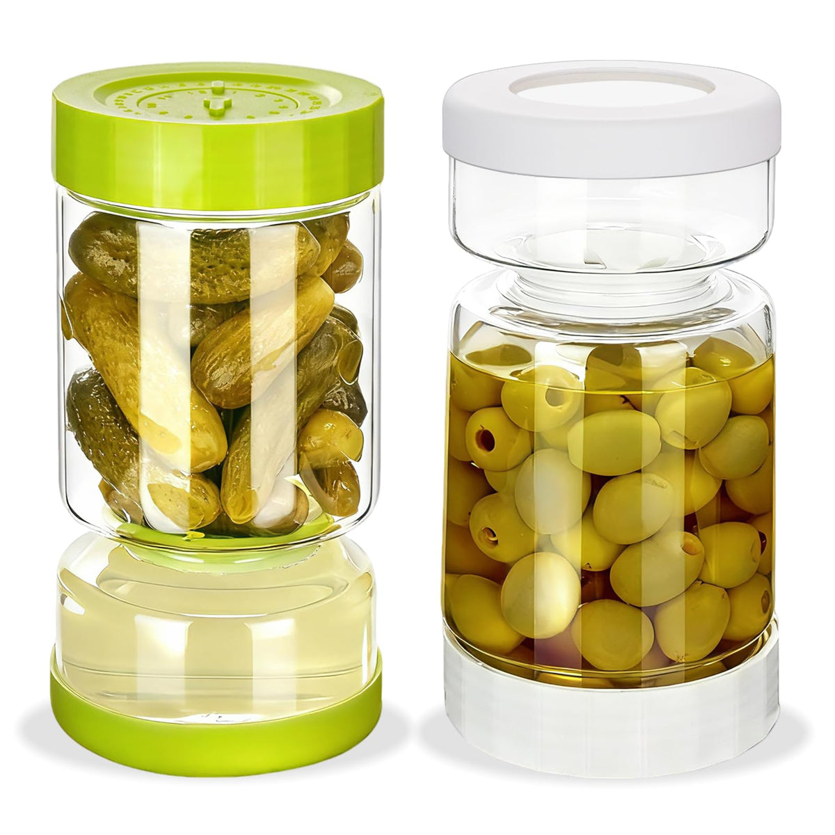 ZENS pickle jar with strainer flip shows dual compartments for quick drainage brine.