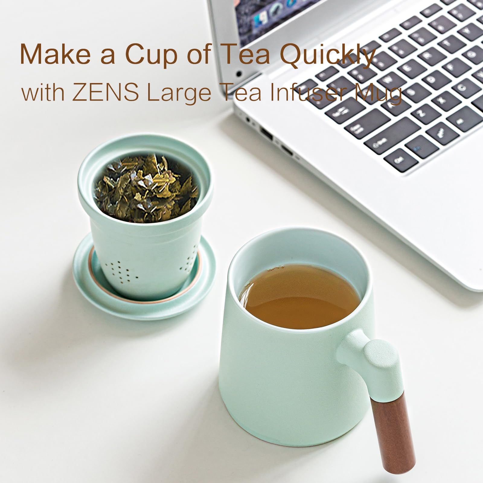 ZENS tea cup features a wooden handle design for comfortable grip and heat protection.