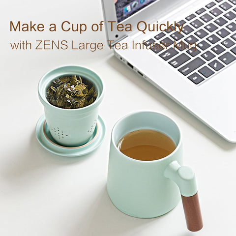 ZENS tea cup features a wooden handle design for comfortable grip and heat protection.