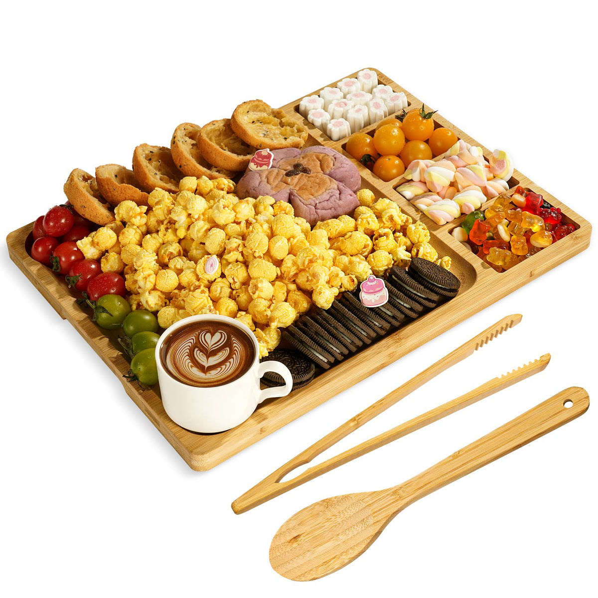 Zenxylo charcuterie board with tongs highlights four-compartment display for cheeses and fruits.