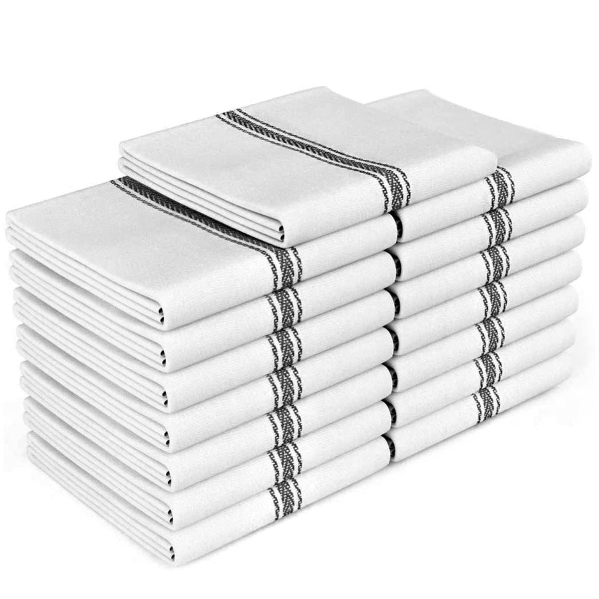 Zeppoli classic towels with black stripe, 15-pack, absorbs spills quickly.