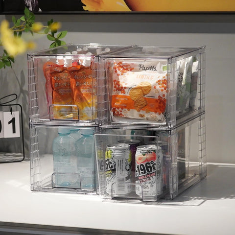 Zero Zoo pantry and fridge organization with clear bins for snacks and drinks.