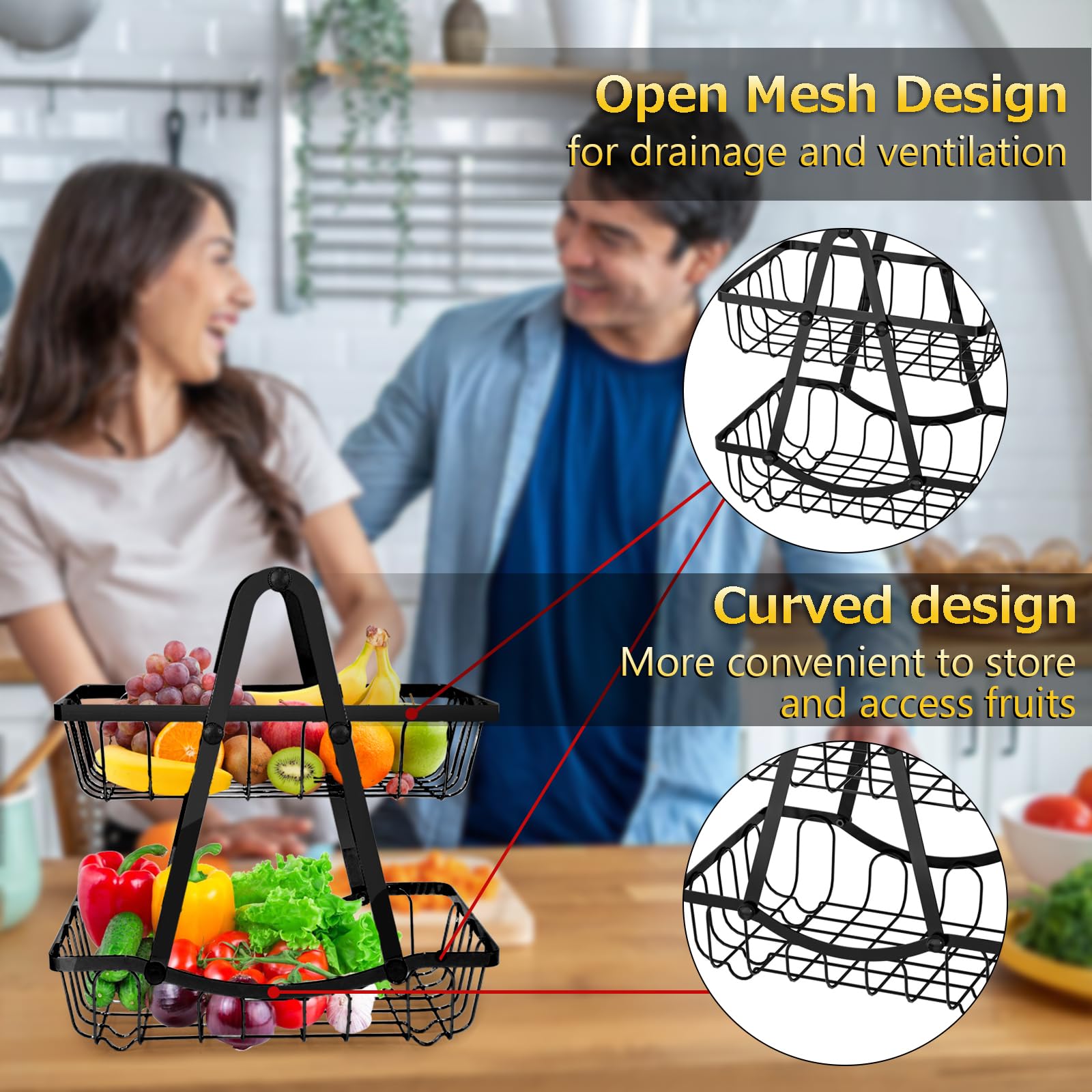 ZEROLUXE easy-assembly fruit basket with wooden handles for portable use