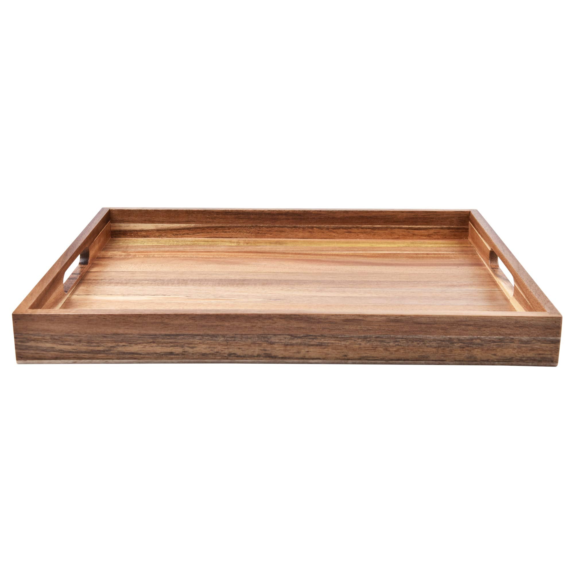ZESPROKA acacia tray closeup with handles shows easy carrying from kitchen to living room