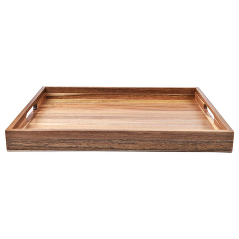 ZESPROKA acacia tray closeup with handles shows easy carrying from kitchen to living room